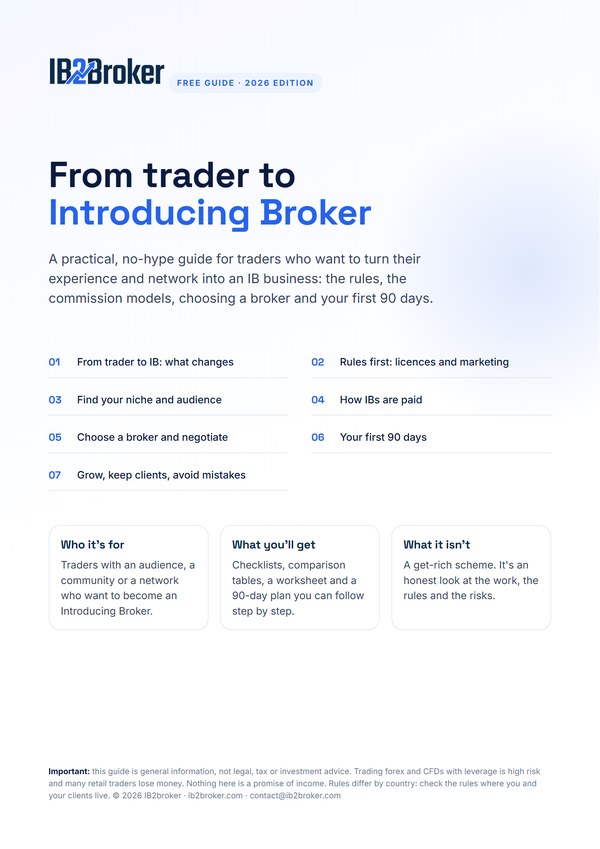 Cover of the free IB2broker guide: From trader to Introducing Broker